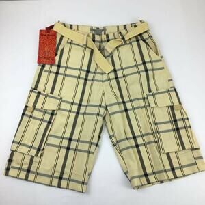 Beyond The Limit Mens Cargo Shorts Yellow Black Plaid Flat Front Belted 30 New
